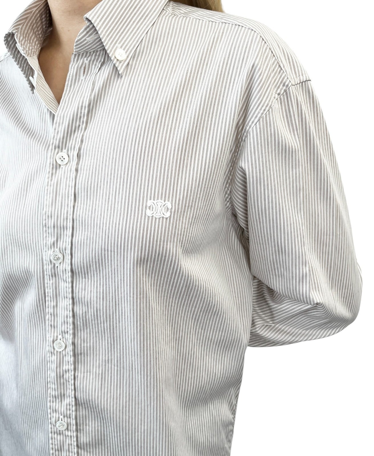 CELINE Triomphe Logo Stripe Button Up Shirt Long Sleeve #34 Brown White 901967