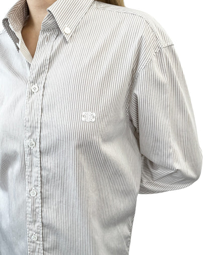 CELINE Triomphe Logo Stripe Button Up Shirt Long Sleeve #34 Brown White 901967