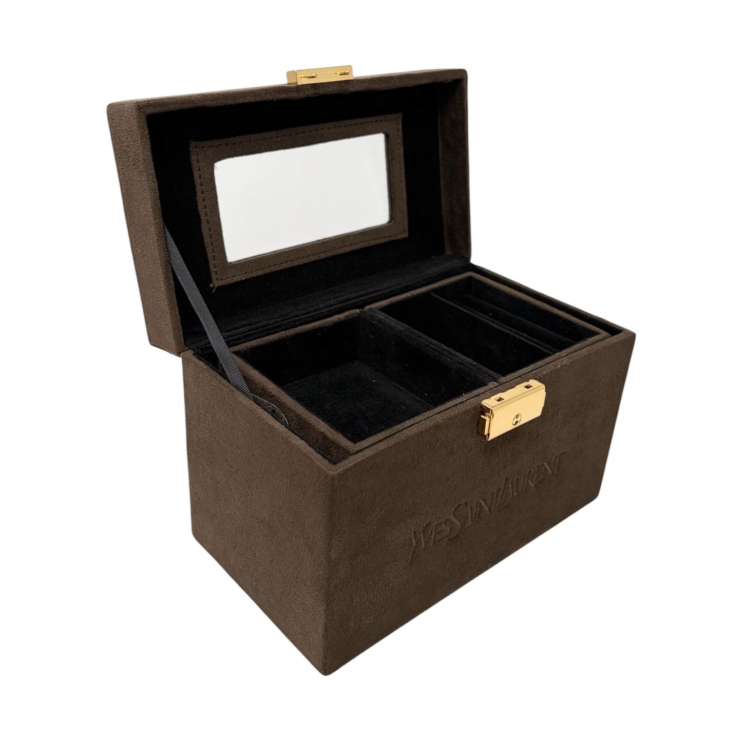 Yves Saint Laurent Vintage YSL Suede Vanity Cosmetic Box Bag Brown Gold 901833
