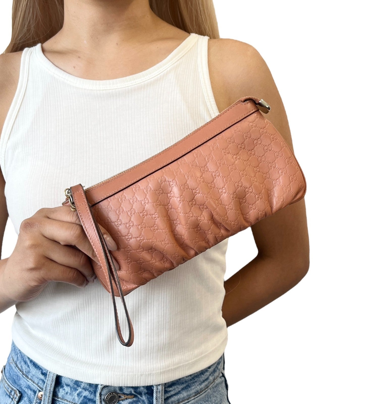 GUCCI Vintage GG Monogram Mini Clutch Bag Wallet Orange Gold Leather Cotton