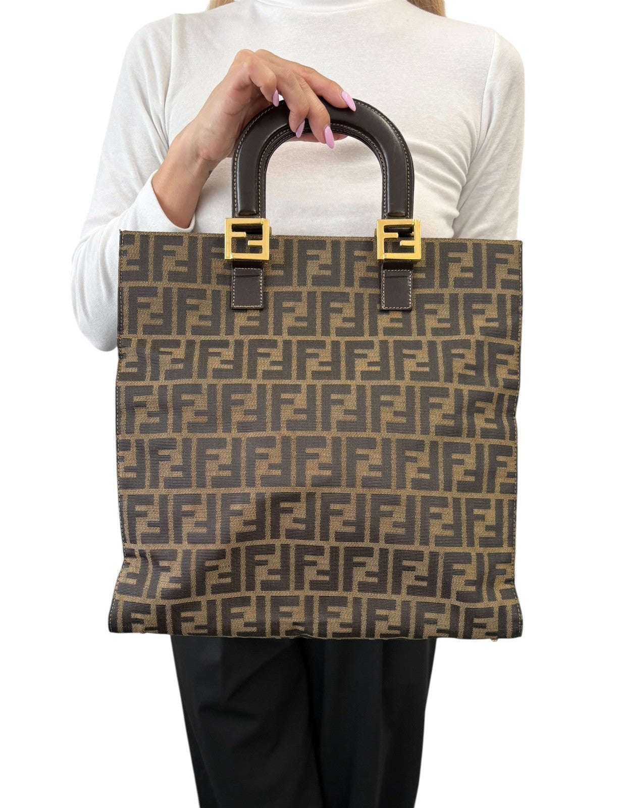 Fendi Vintage Zucca Canvas Tote Bag FF Logo Monogram Brown Gold Leather