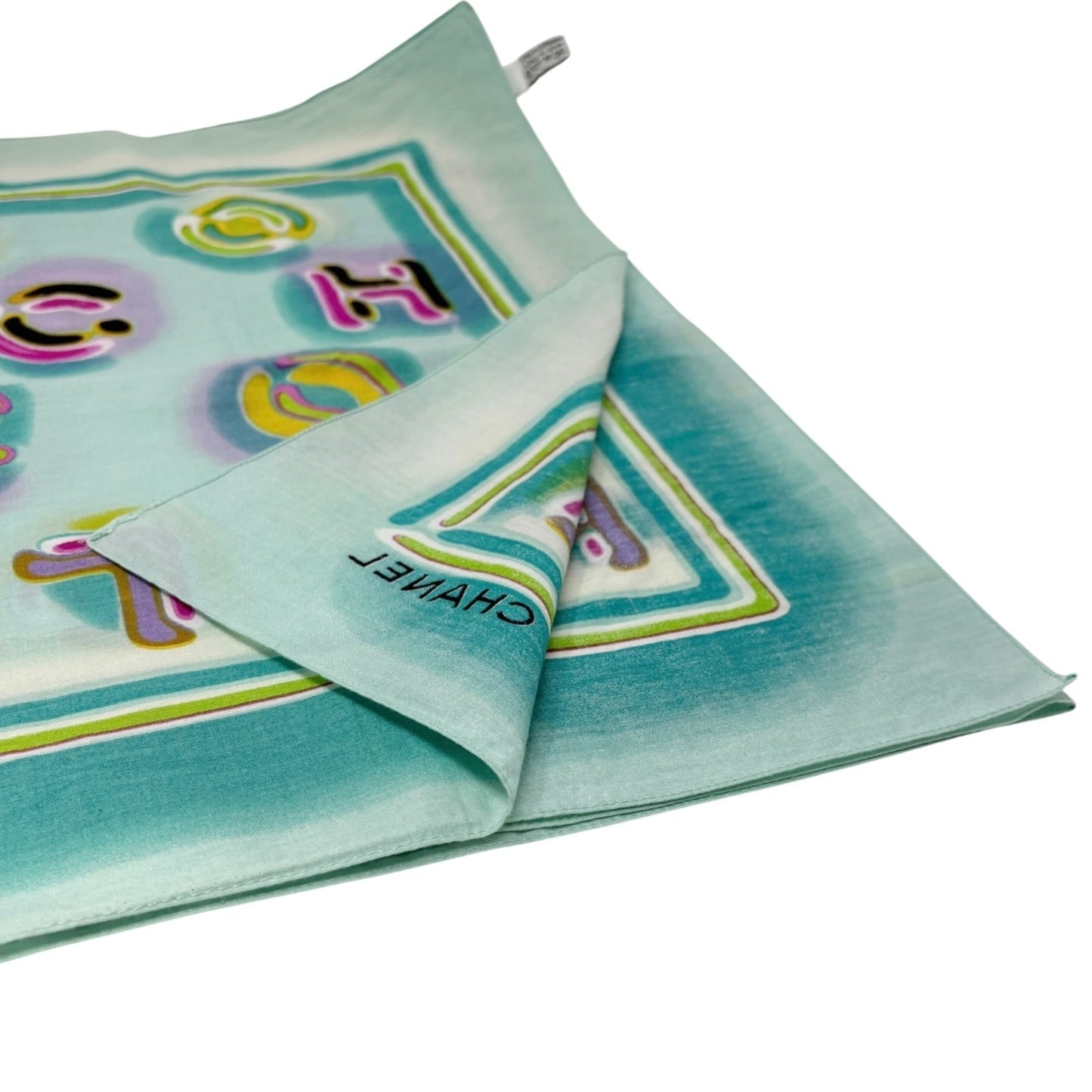 CHANEL Vintage CC Mark Logo Scarf Wrap Mint Green Multicolor Cotton Accessory