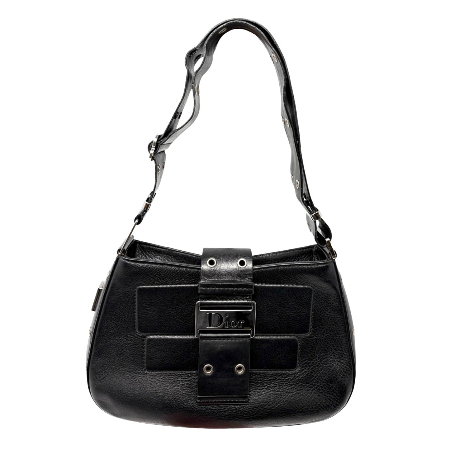 Christian Dior Vintage Street Chic Shoulder Bag Black Silver Leather 902204