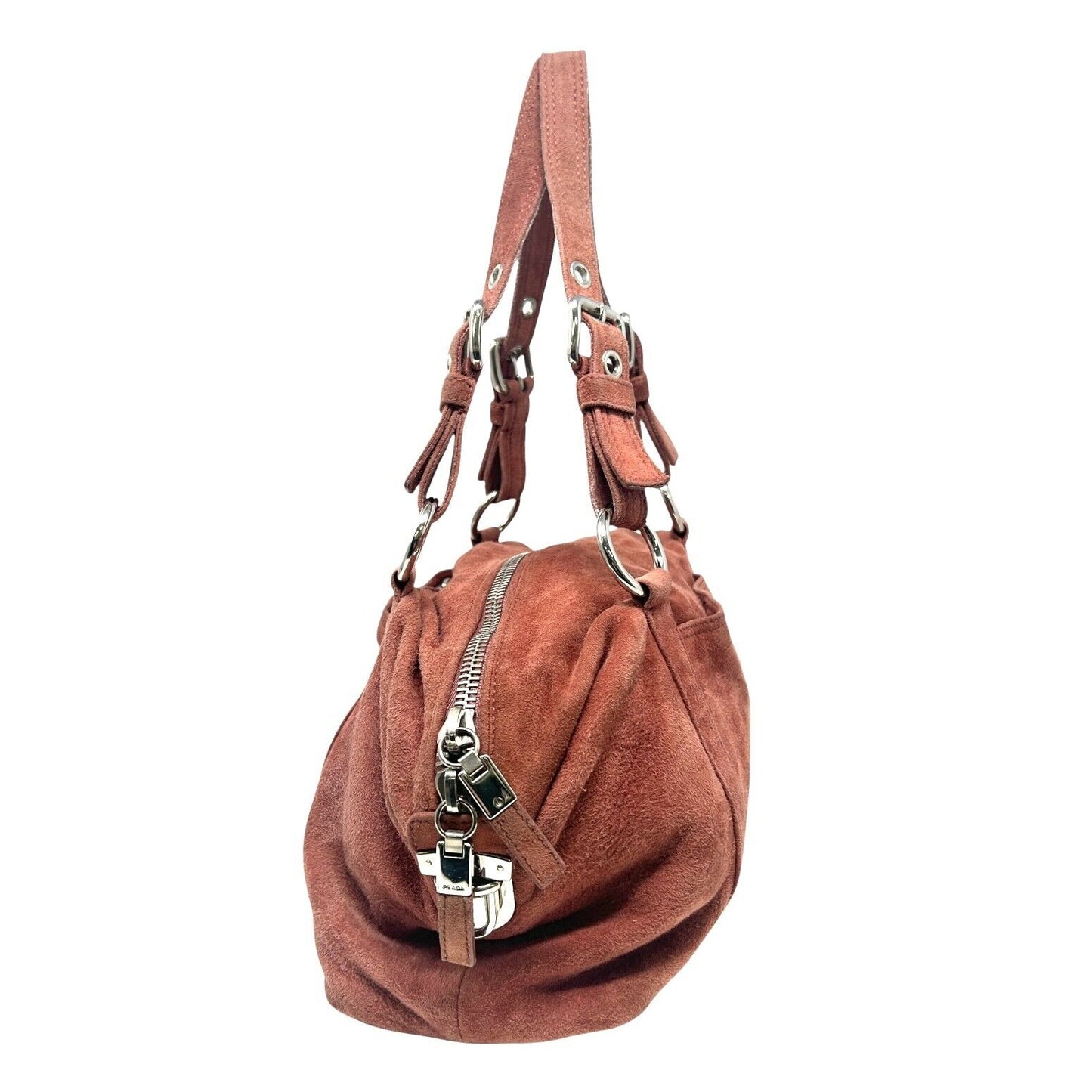 PRADA Vintage Logo Shoulder Bag Tote Red Brown Silver Handbag Suede Zip