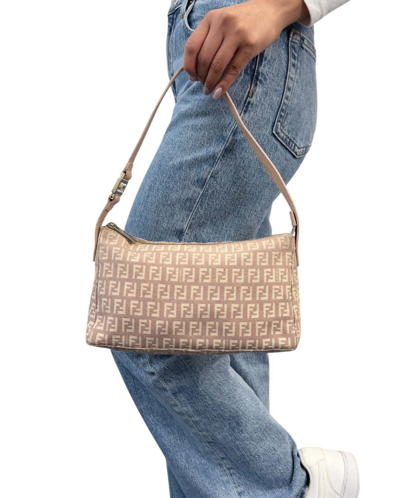 FENDI Vintage Logo Zucchino Monogram Shoulder Bag Pochette Beige Pink Cotton
