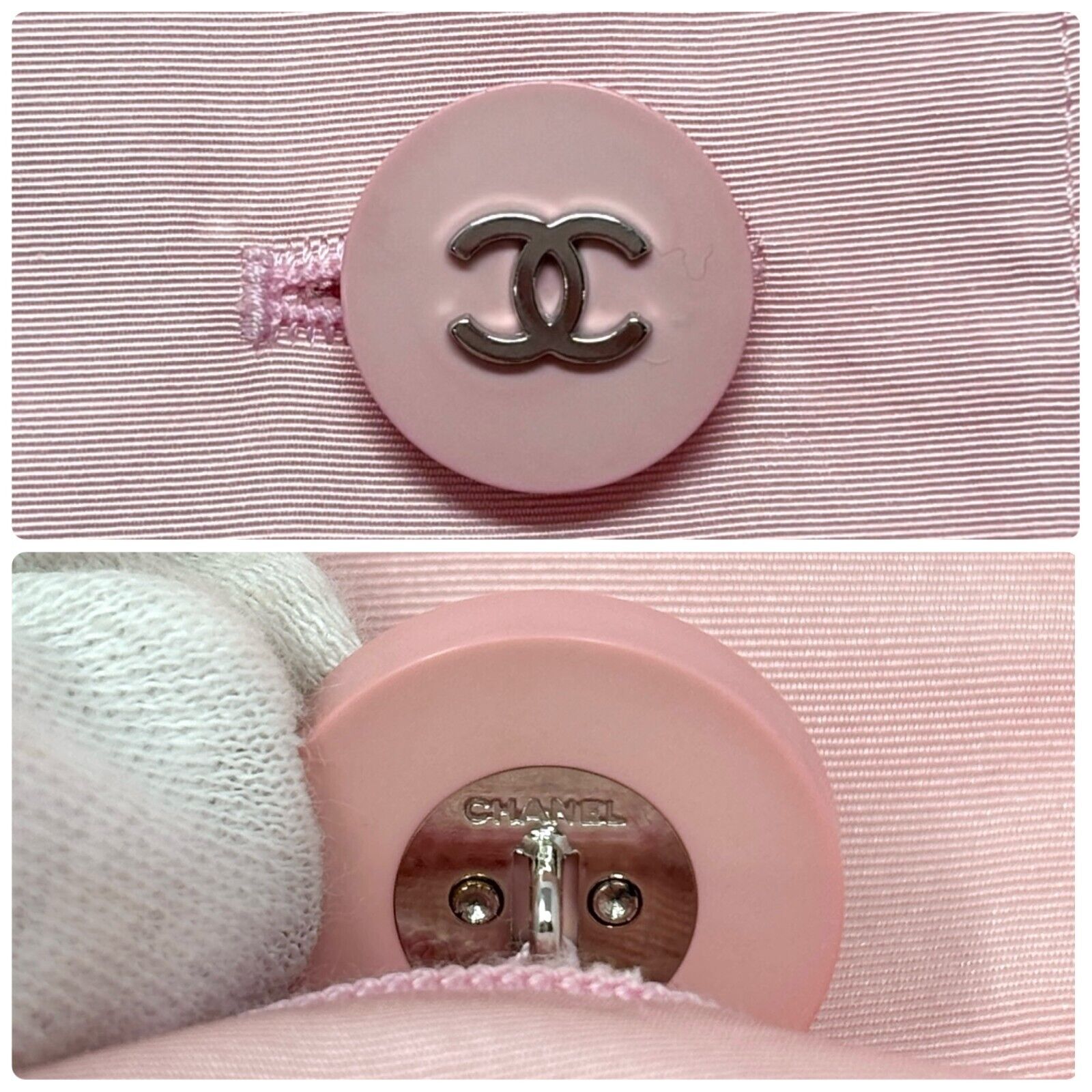 CHANEL Vintage 96P CC Logo Trench Coat Jacket #38 Pink Silver Silk Button
