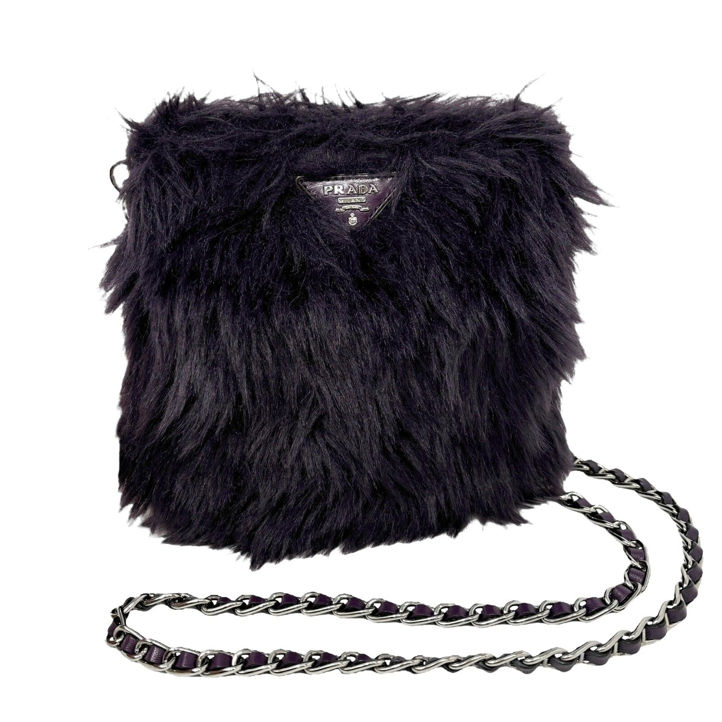PRADA Vintage Logo Fur Chain Crossbody Bag Purple Silver Zip Leather Rank AB