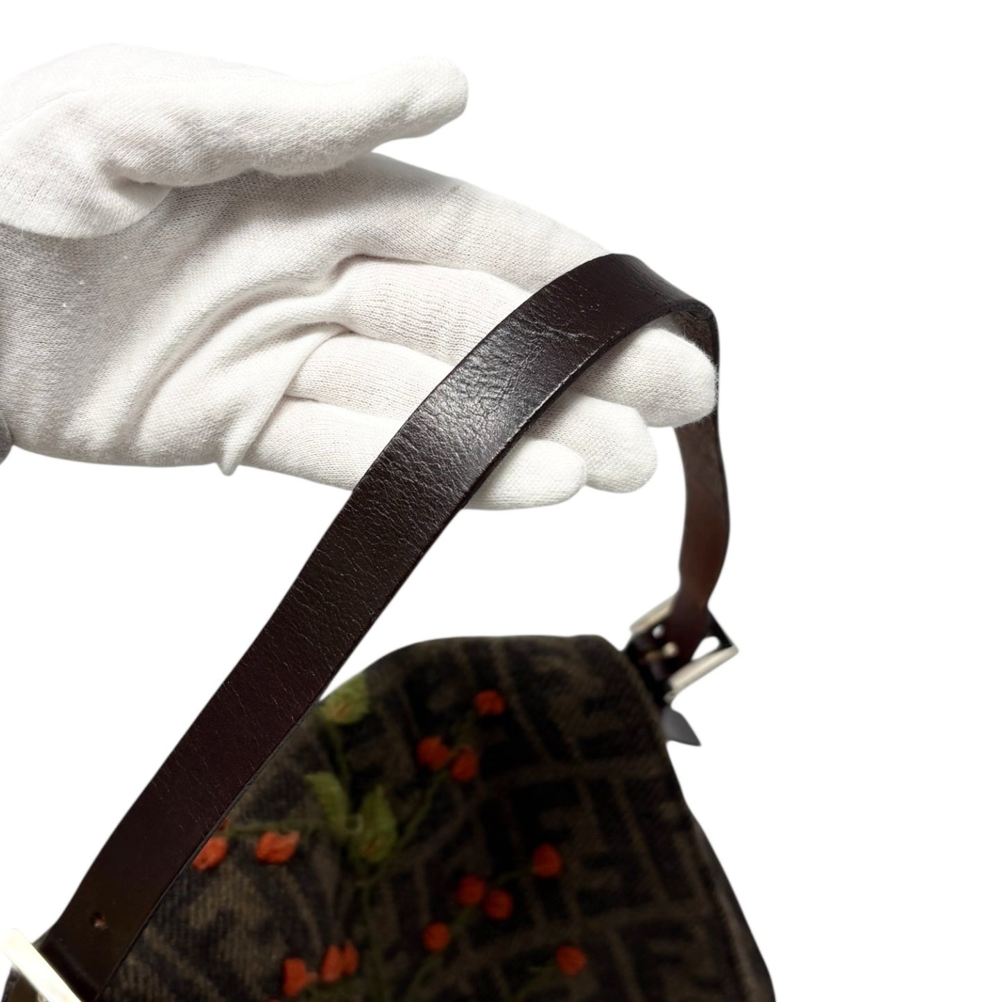FENDI Vintage FF Mamma Baguette Wool Knit Shoulder Bag Brown Flower