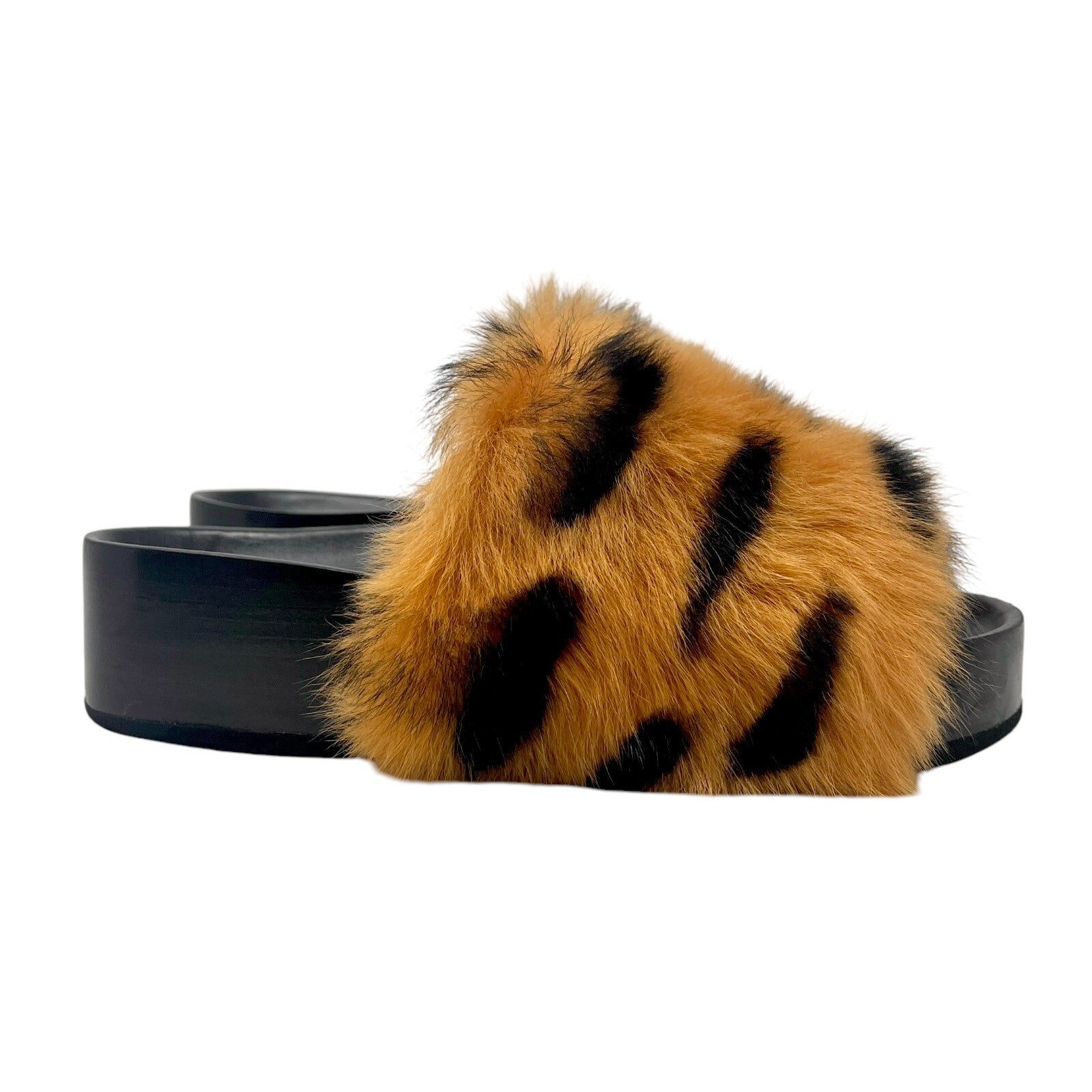 CELINE Vintage Logo Animal Print Faux Fur Sandals #37-37.5 Black Orange