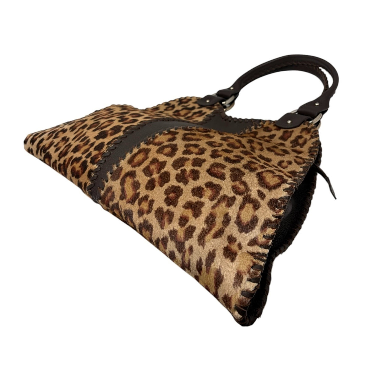 FENDI Vintage Leopard Pony Calf Hair Shoulder Bag Camel Brown Leather 902475