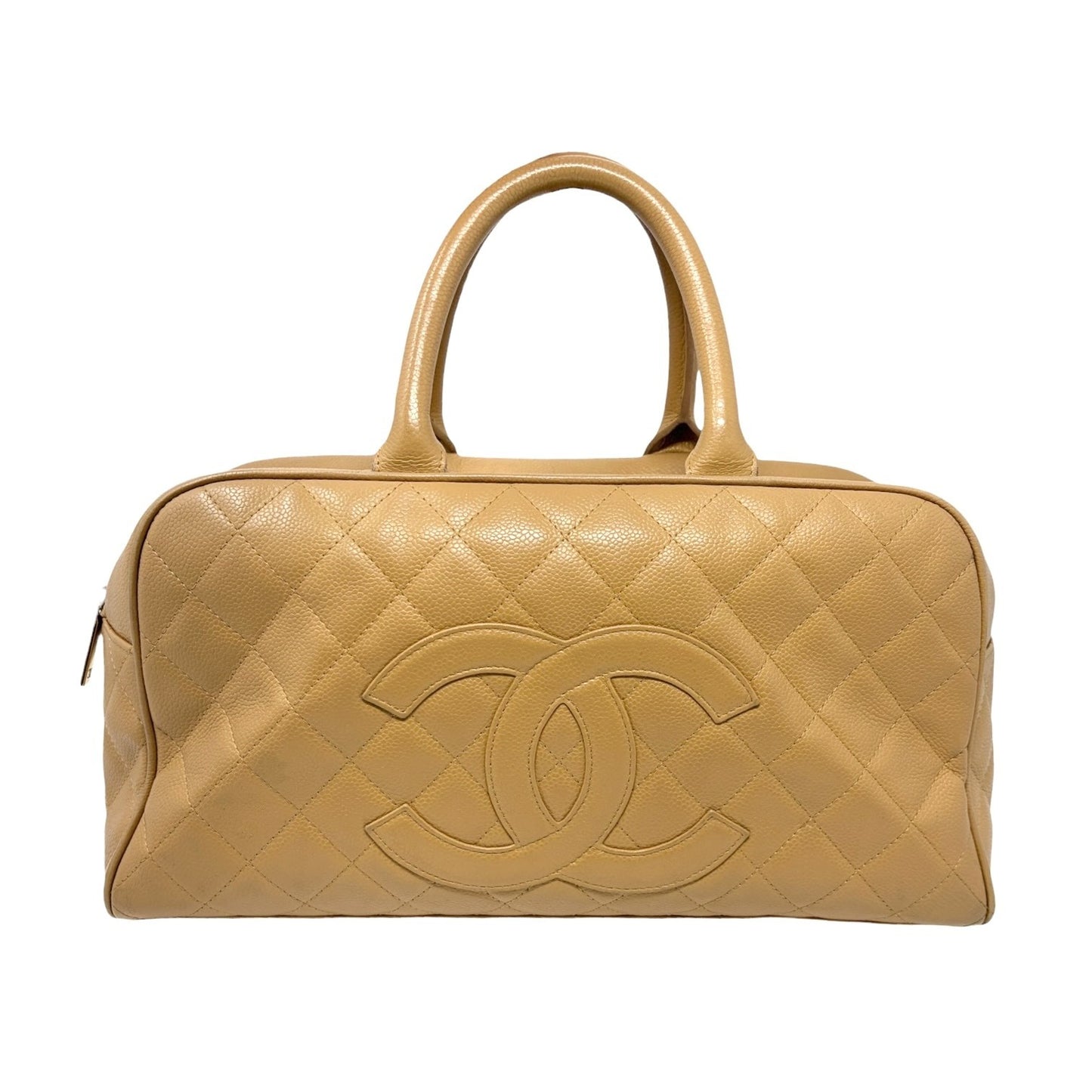 CHANEL Vintage Big CC Logo Quilted Leather Boston Bowling Bag Beige Gold Stitch