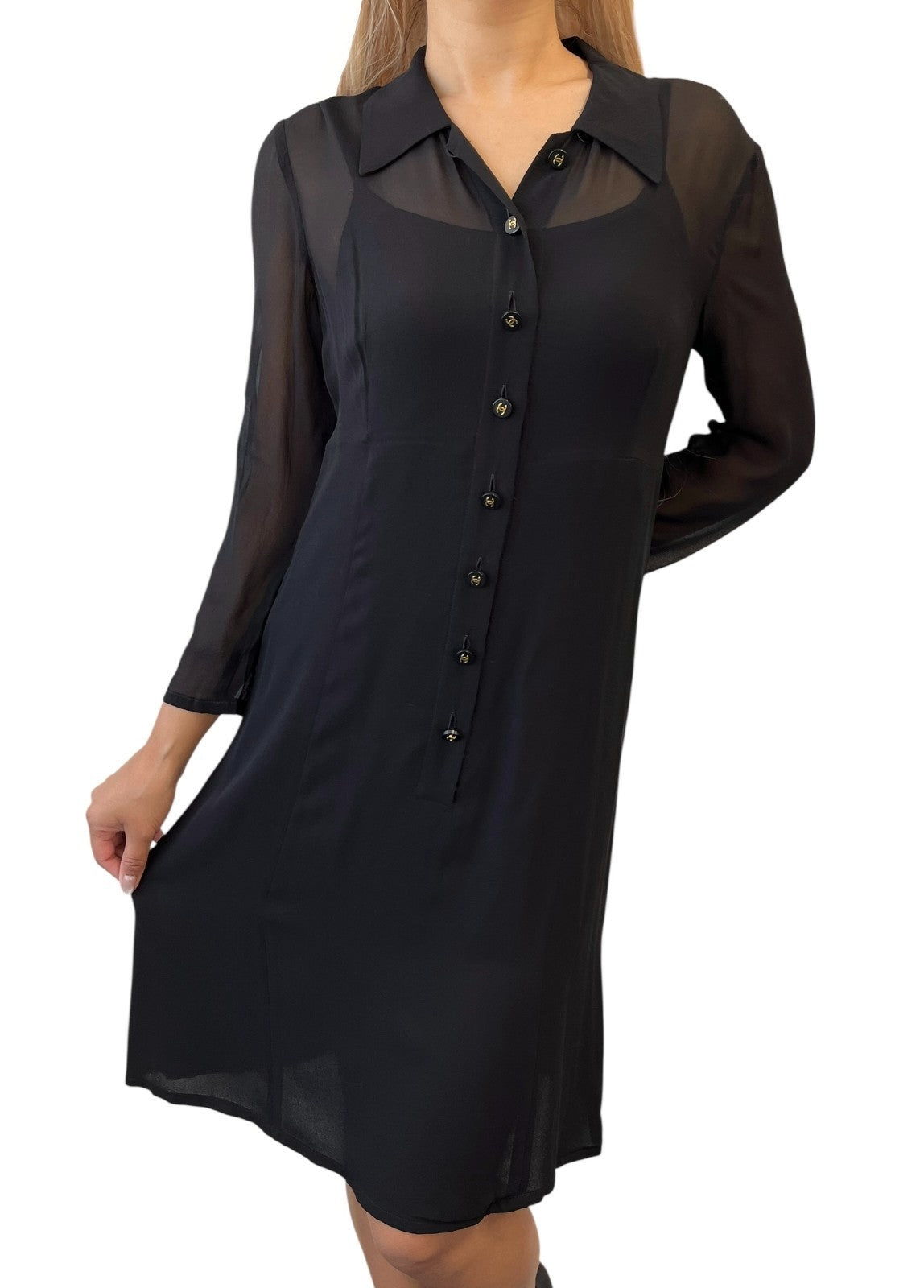 CHANEL Vintage 94A CC Logo See-through One-piece #38 Black Gold Wool Button