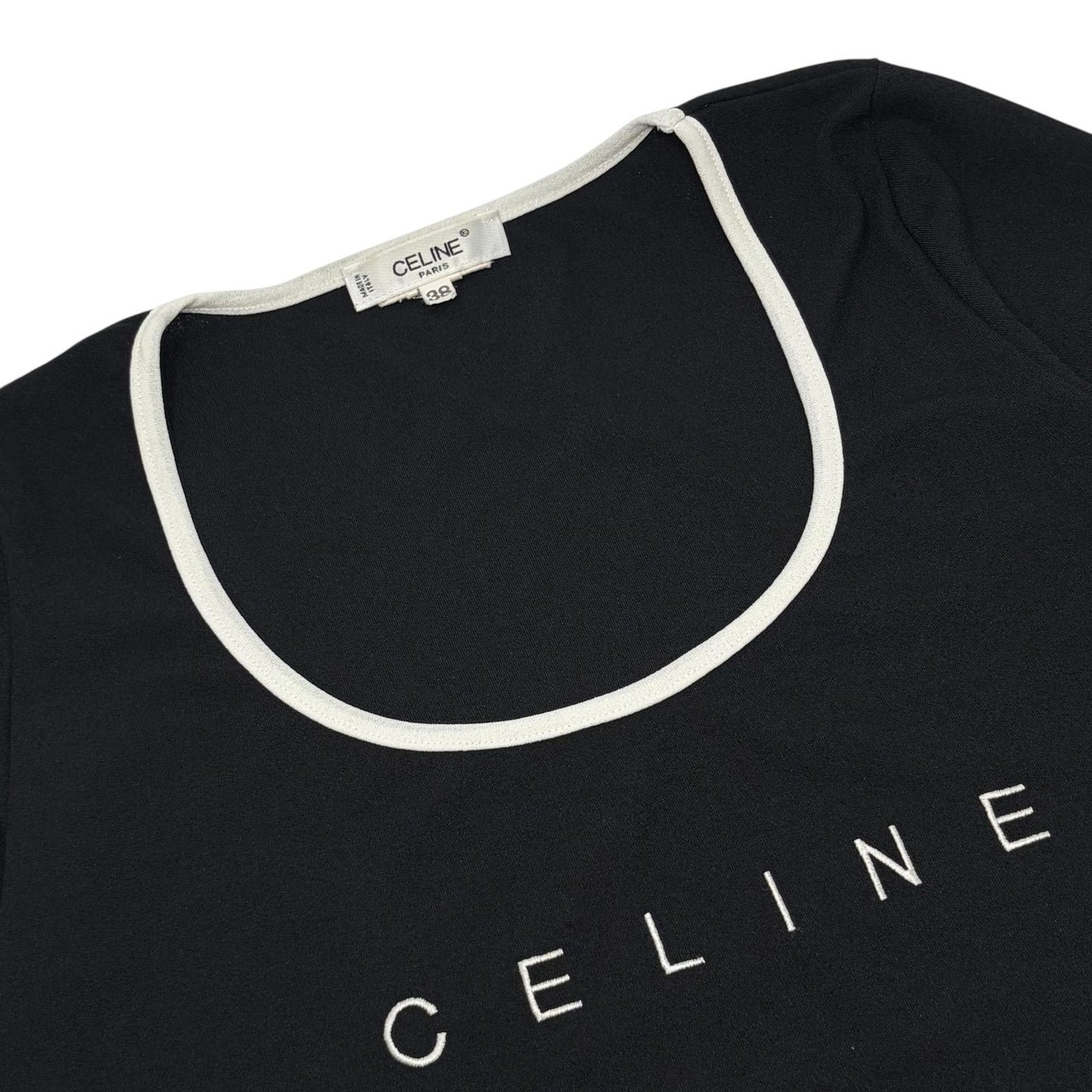 CELINE Vintage Logo T-shirt Top #38 Black White Short Sleeve Polyester 902429