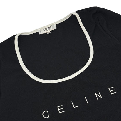 CELINE Vintage Logo T-shirt Top #38 Black White Short Sleeve Polyester 902429