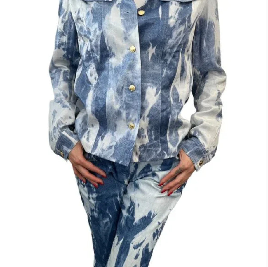 Christian Dior Vintage 2000 Galliano Jacket Pants Set #38 Tie-Dye Blue Gold
