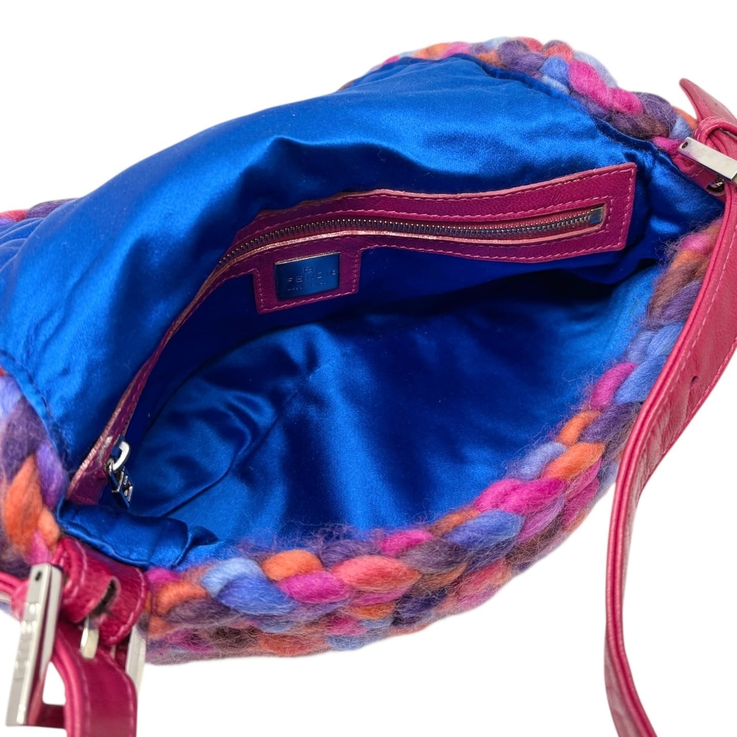 FENDI Vintage FF Logo Crochet Mamma Baguette Shoulder Bag Pink Multicolor Wool