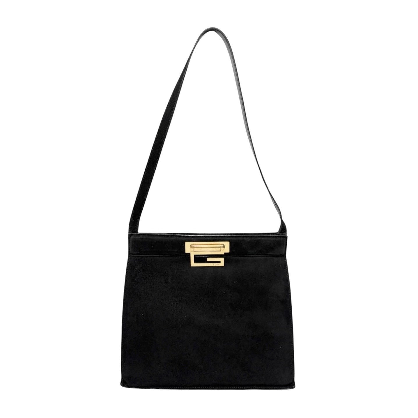 GUCCI Vintage G Square Logo Shoulder Bag Handbag Black Gold Suede Leather 902582