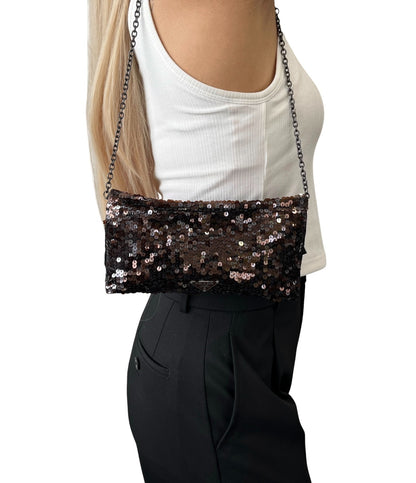 PRADA Vintage Triangle Logo Sequins Shoulder Bag Pochette Handbag Brown 902281