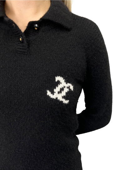 CHANEL Vintage 96A CC Logo Cashmere Knit Sweater Top #36 Black White 902484