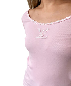 LOUIS VUITTON Vintage LV Logo T-shirt Top #L Beads Pink White Cotton Rank AB