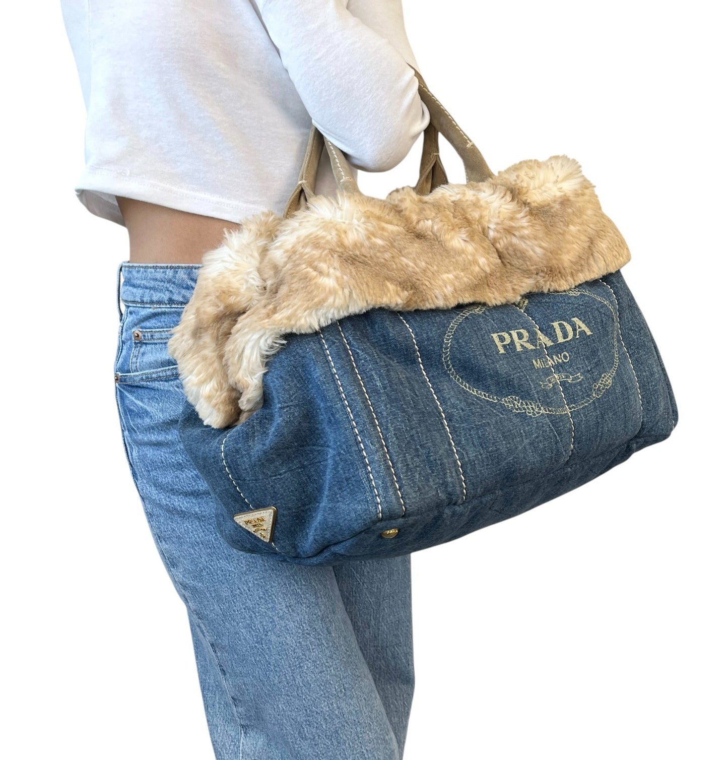 PRADA Vintage Canapa Big Logo Denim Tote Bag Blue Cream Suede Stitch