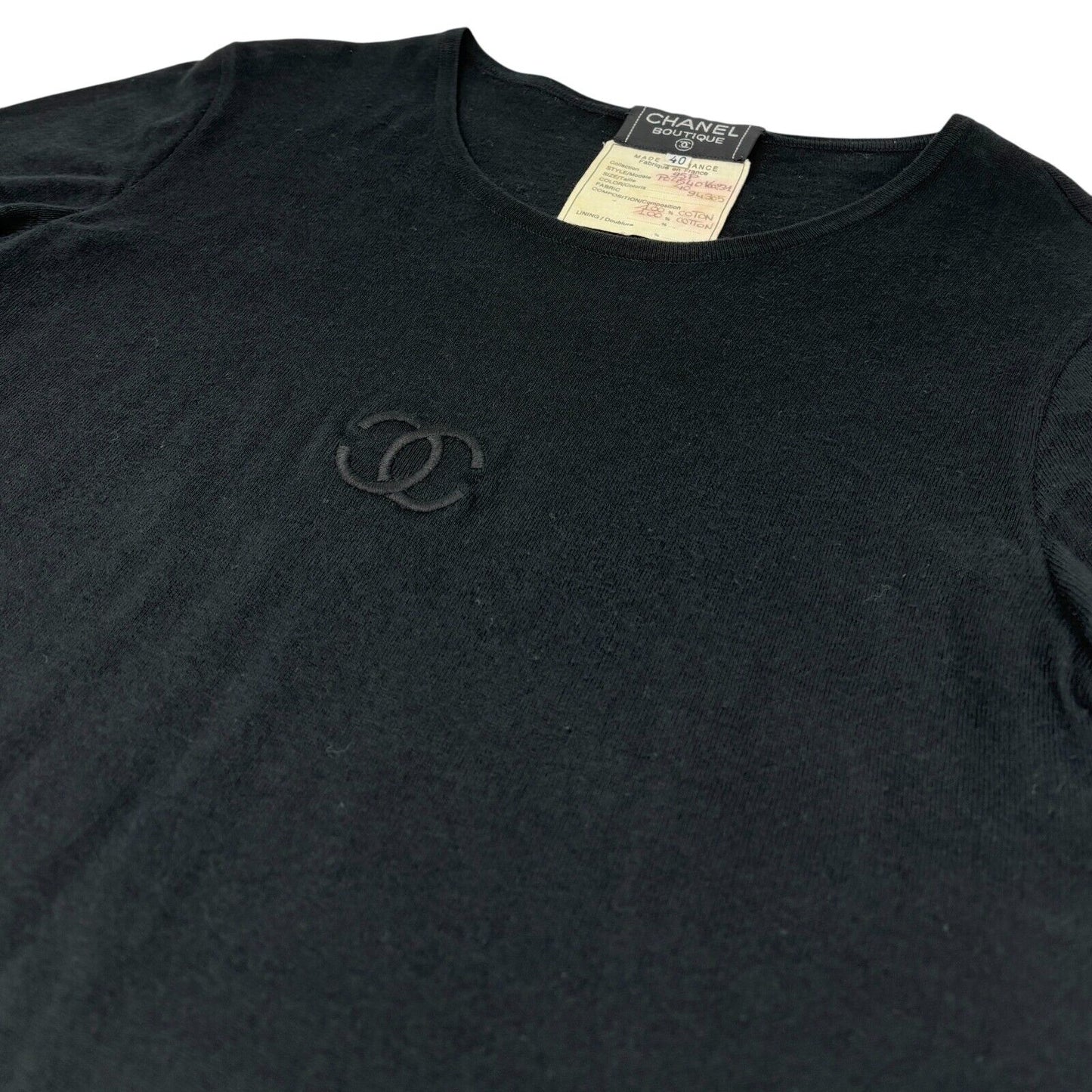 CHANEL Vintage 95P CC Mark Logo T-shirt #40 Short Sleeve Top Black Cotton