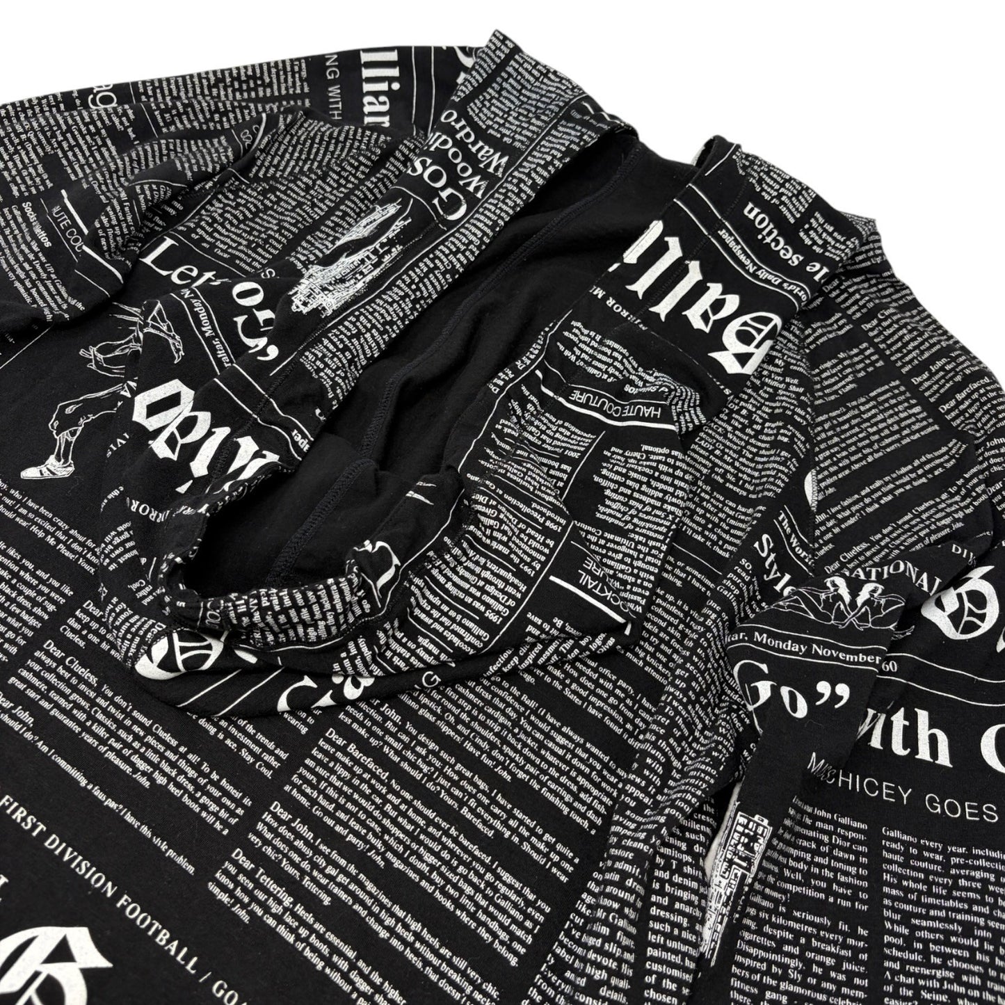 John Galliano Vintage Newspaper Print Hoodie Top Pants Set #XS Black 902549