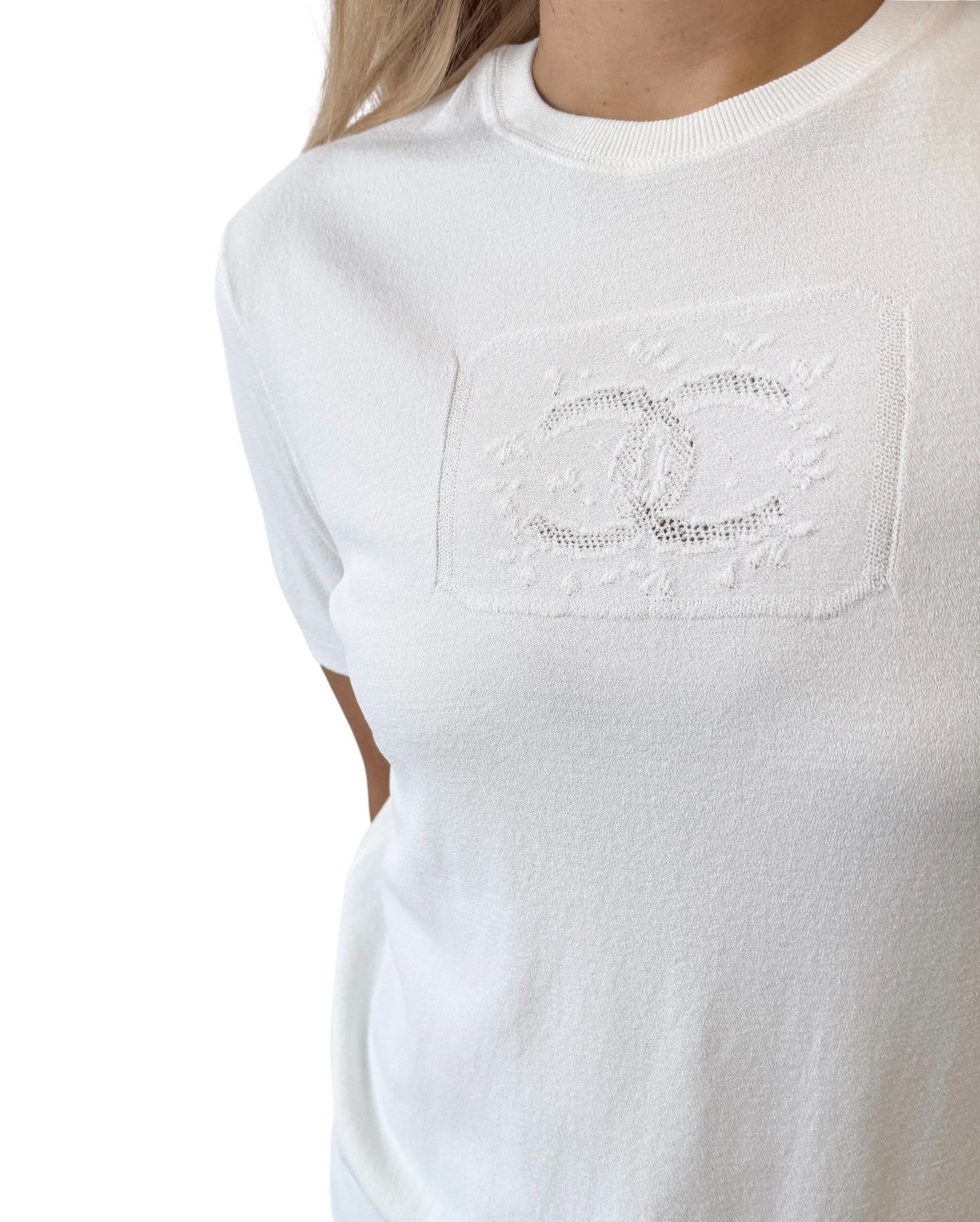 CHANEL Vintage 04C CC Logo Knit T-shirt Top #46 White Cotton See-through Mesh