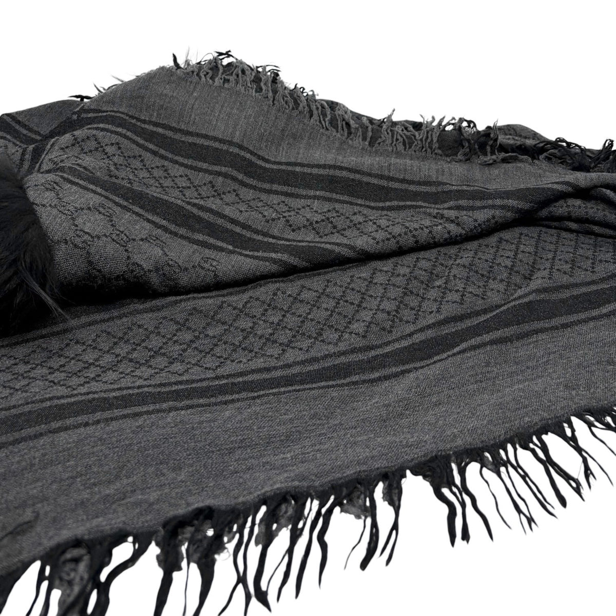GUCCI Vintage GG Logo Monogram Fox Fur Shawl Scarf Wrap Gray Black Wool 902495