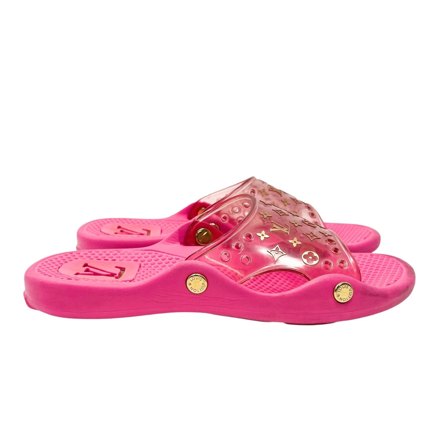 LOUIS VUITTON Vintage LV Monogram Logo Slide Sandals      37-37.5 Pink Gold Rubber