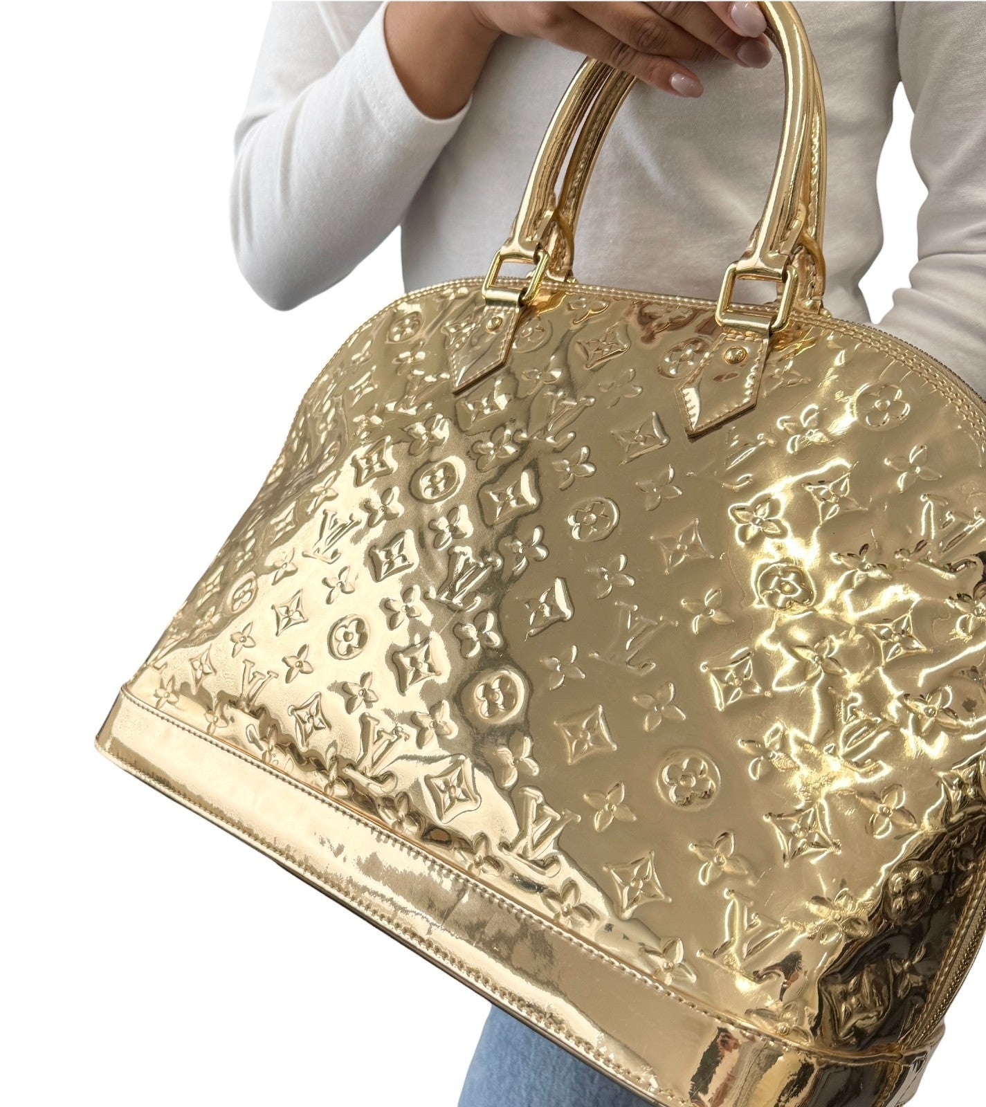 LOUIS VUITTON Vintage Monogram Miroir Alma GM Gold Tote Bag Patent 902558