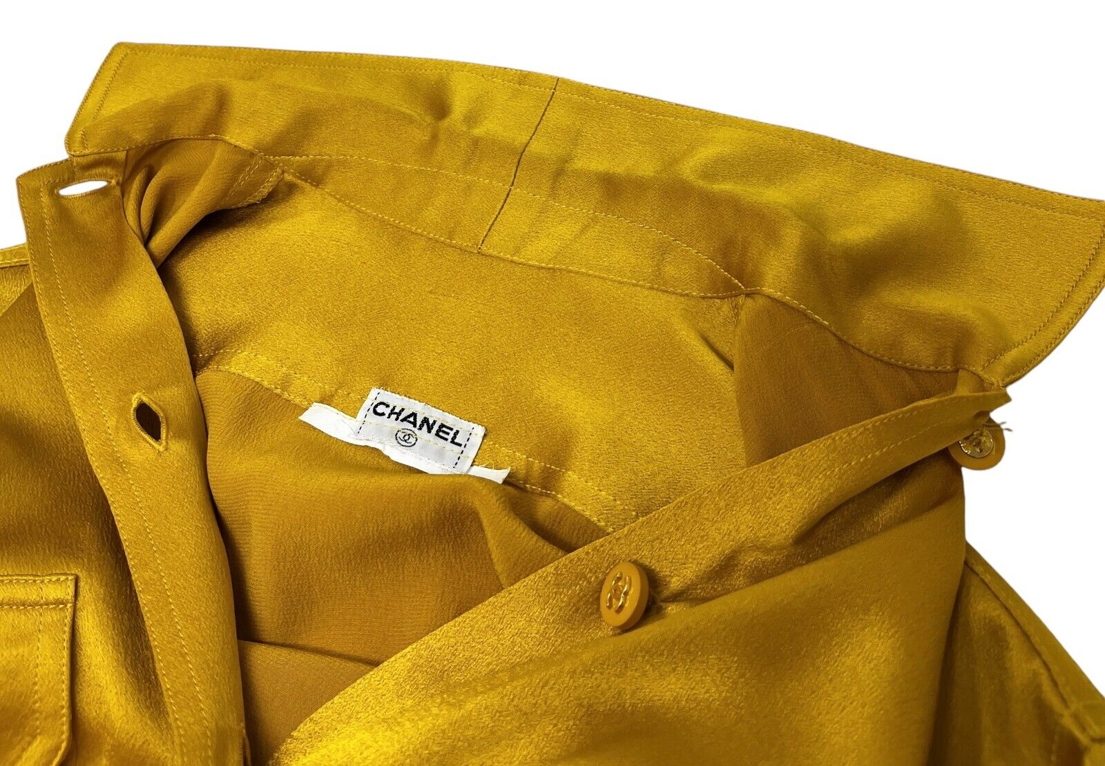 CHANEL Vintage CC Logo Shirt Top Button Up Pocket Yellow Gold Silk Rank AB