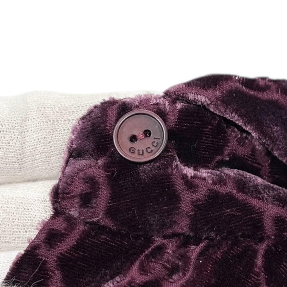 GUCCI Vintage GG Monogram Logo Velour Button Up Shirt Top Purple Silk