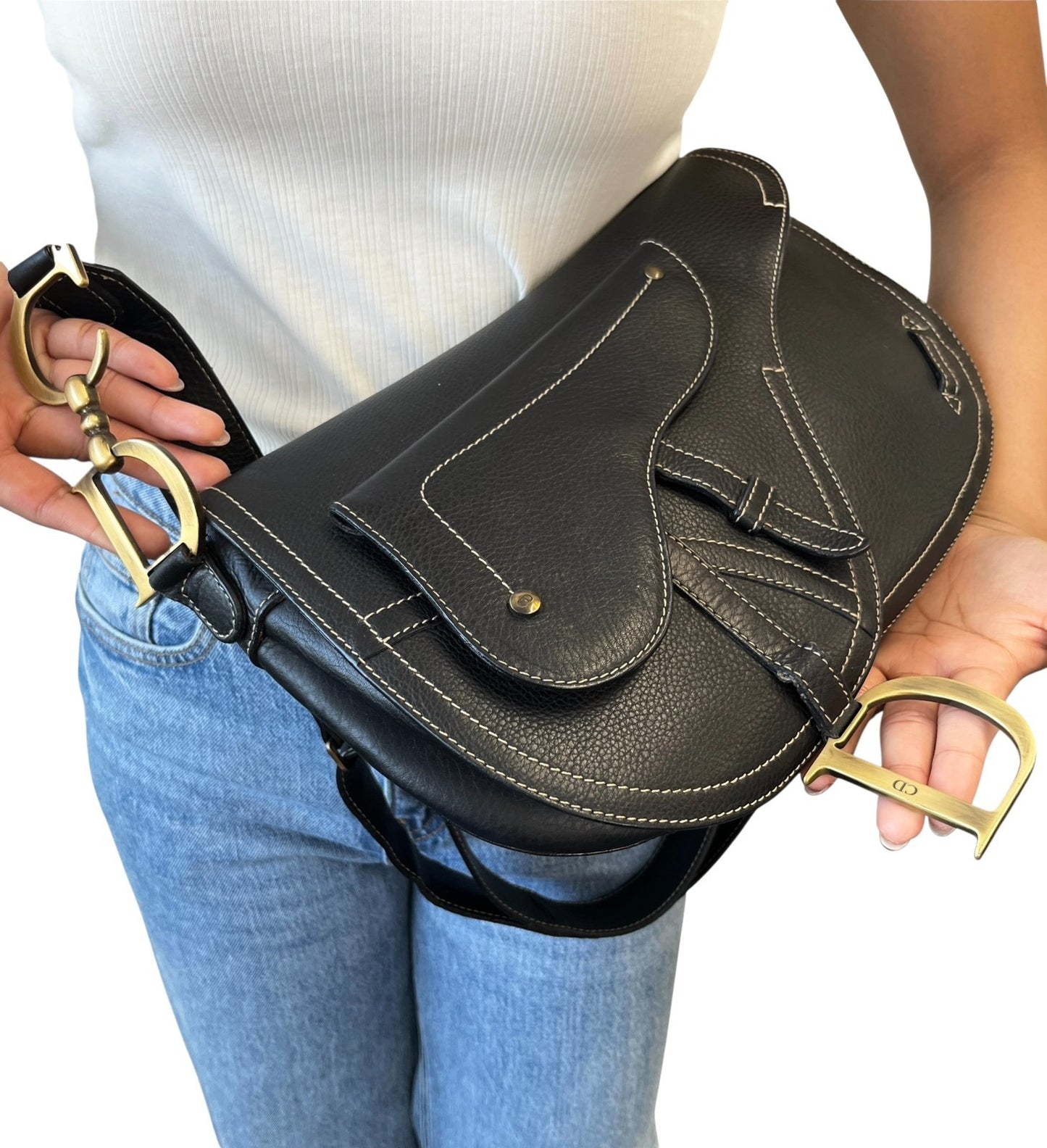 Christian Dior Vintage 2002 Double Saddle Leather Shoulder Bag Black Stitch