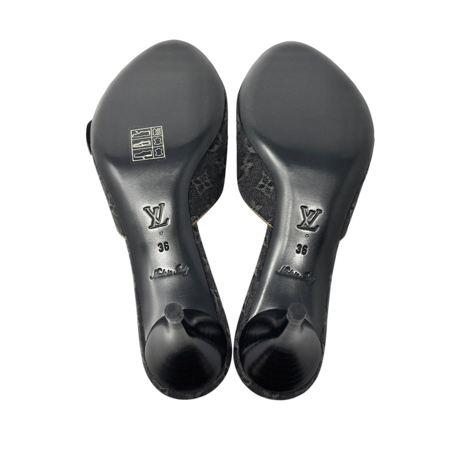 LOUIS VUITTON Vintage Monogram Denim Flower Sandals Heels #36 Black Open Toe