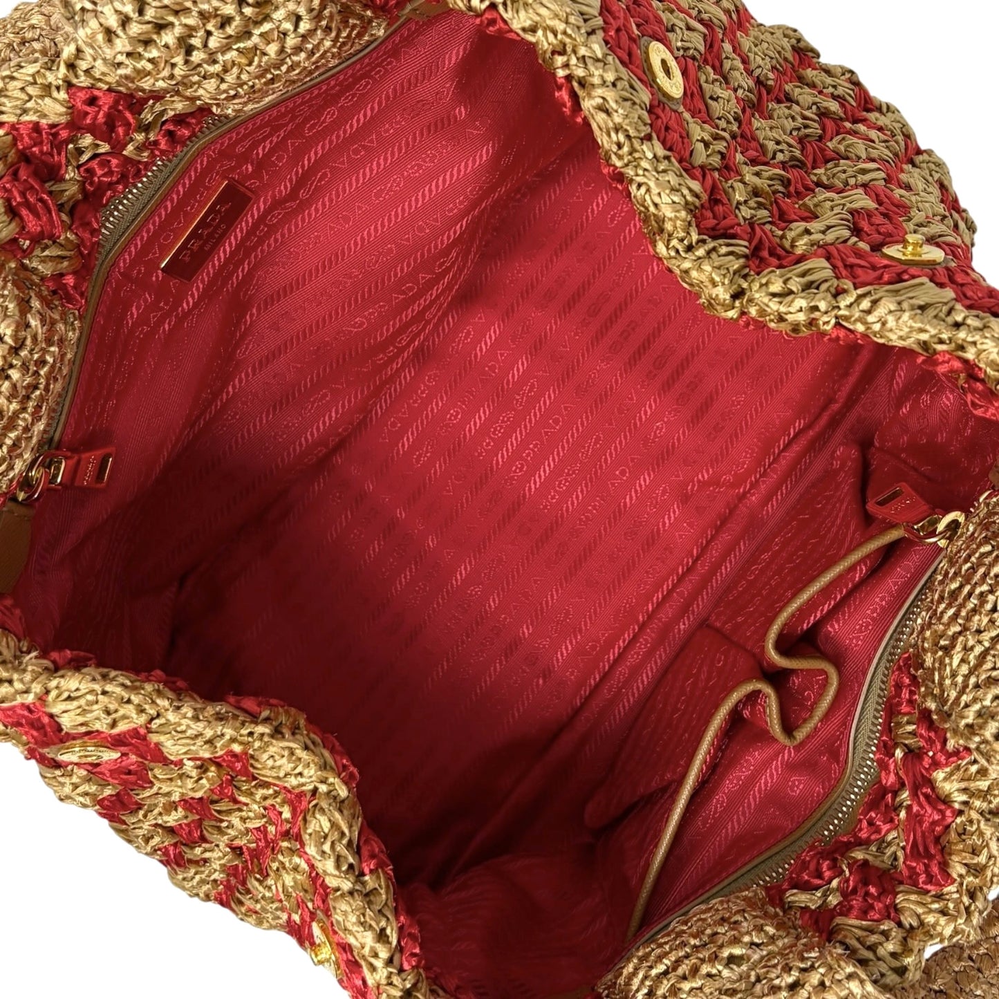 PRADA Vintage Triangle Logo Raffia Canapa Tote Bag Red Beige Gold Crochet 901970