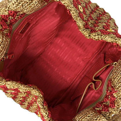 PRADA Vintage Triangle Logo Raffia Canapa Tote Bag Red Beige Gold Crochet 901970