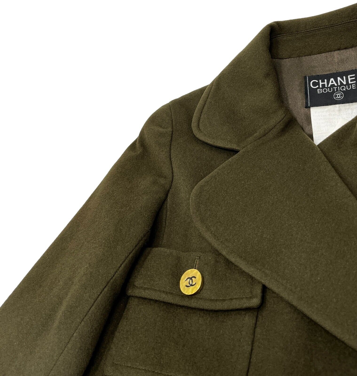 CHANEL Vintage 94A CC Logo Coat Jacket #38 Front Open Khaki Cashmere RankAB