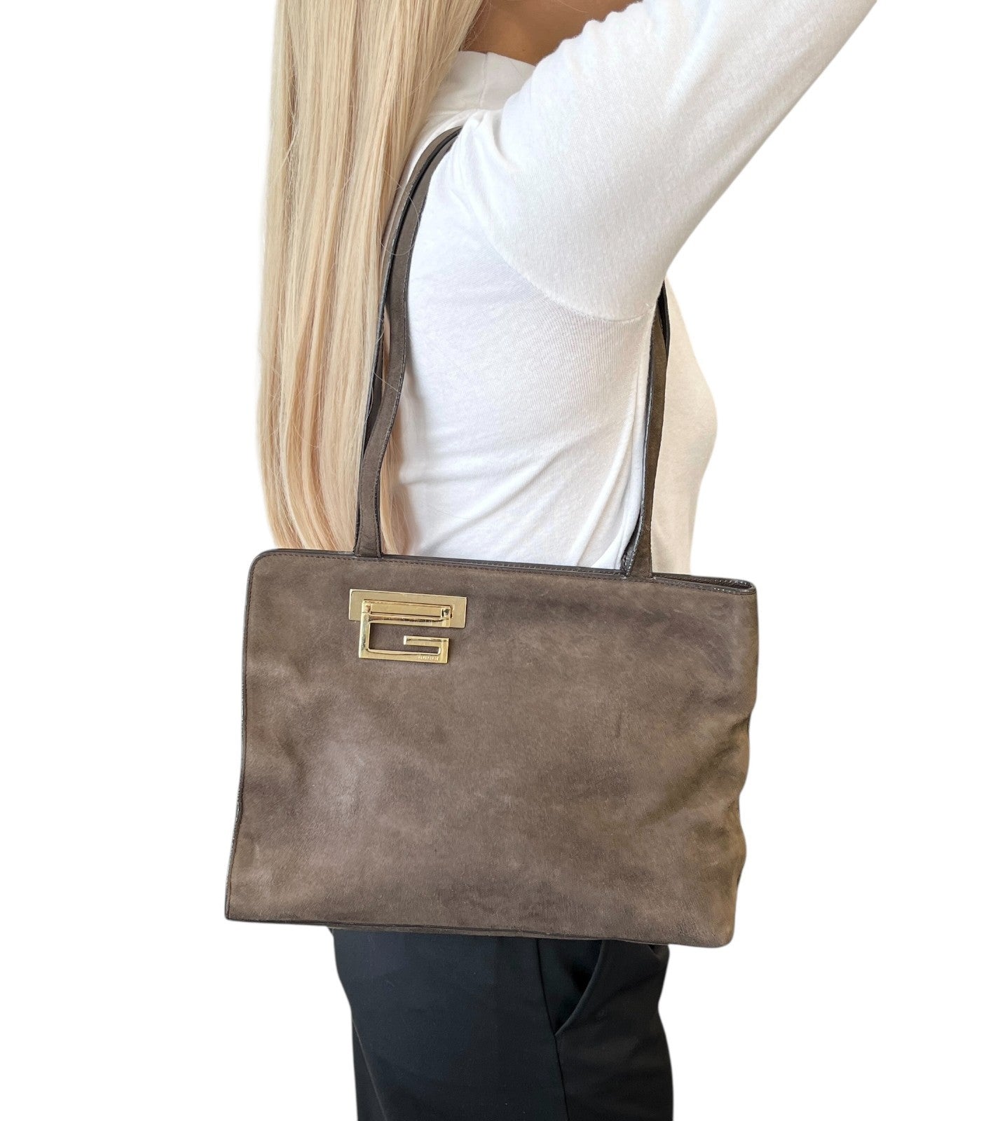 GUCCI Vintage G Square Logo Suede Shoulder Bag Tote Bag Brown Gold Leather