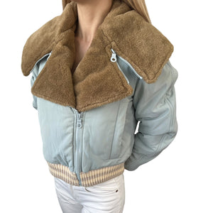 CHANEL Sport Vintage 01A CC Mark Logo Puffer Jacket Blue Cream Polyamide Fur