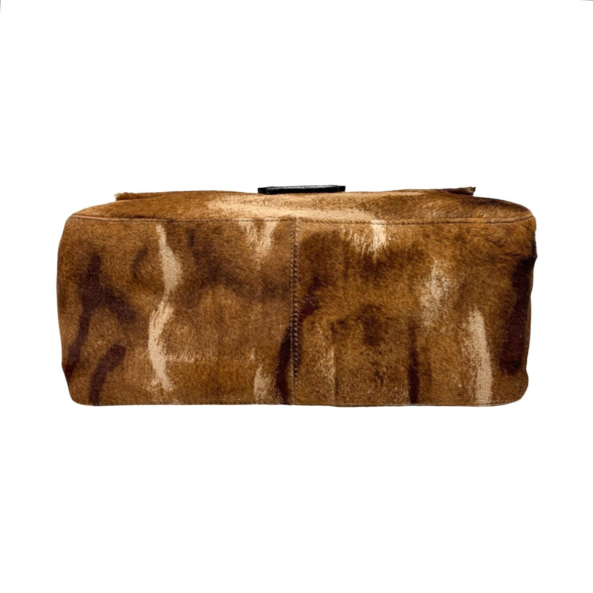 FENDI Vintage FF Logo Mamma Baguette Pony Calf Hair Shoulder Bag Brown 902915