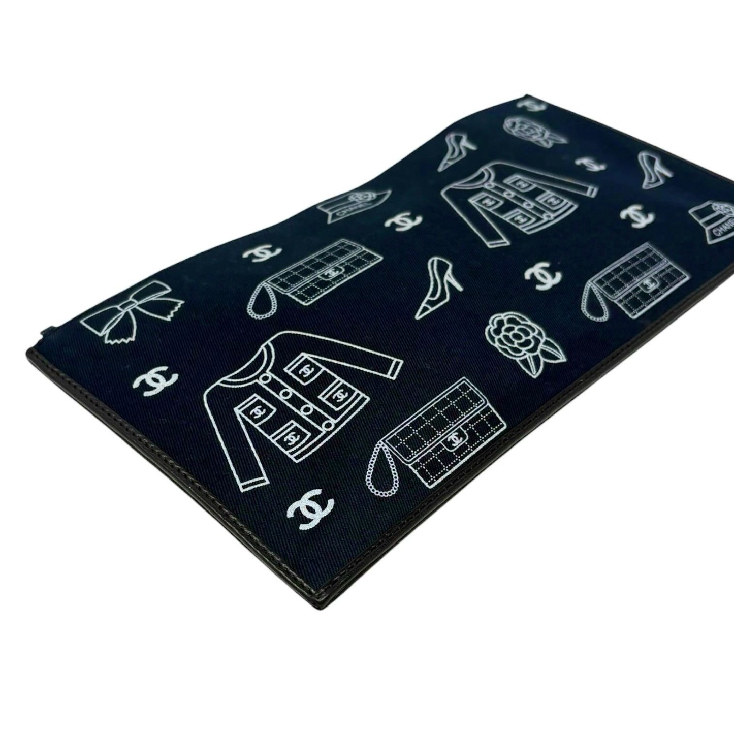 CHANEL Vintage CC Logo Icon Print Canvas Shoulder Bag Pochette Dark Blue Chain