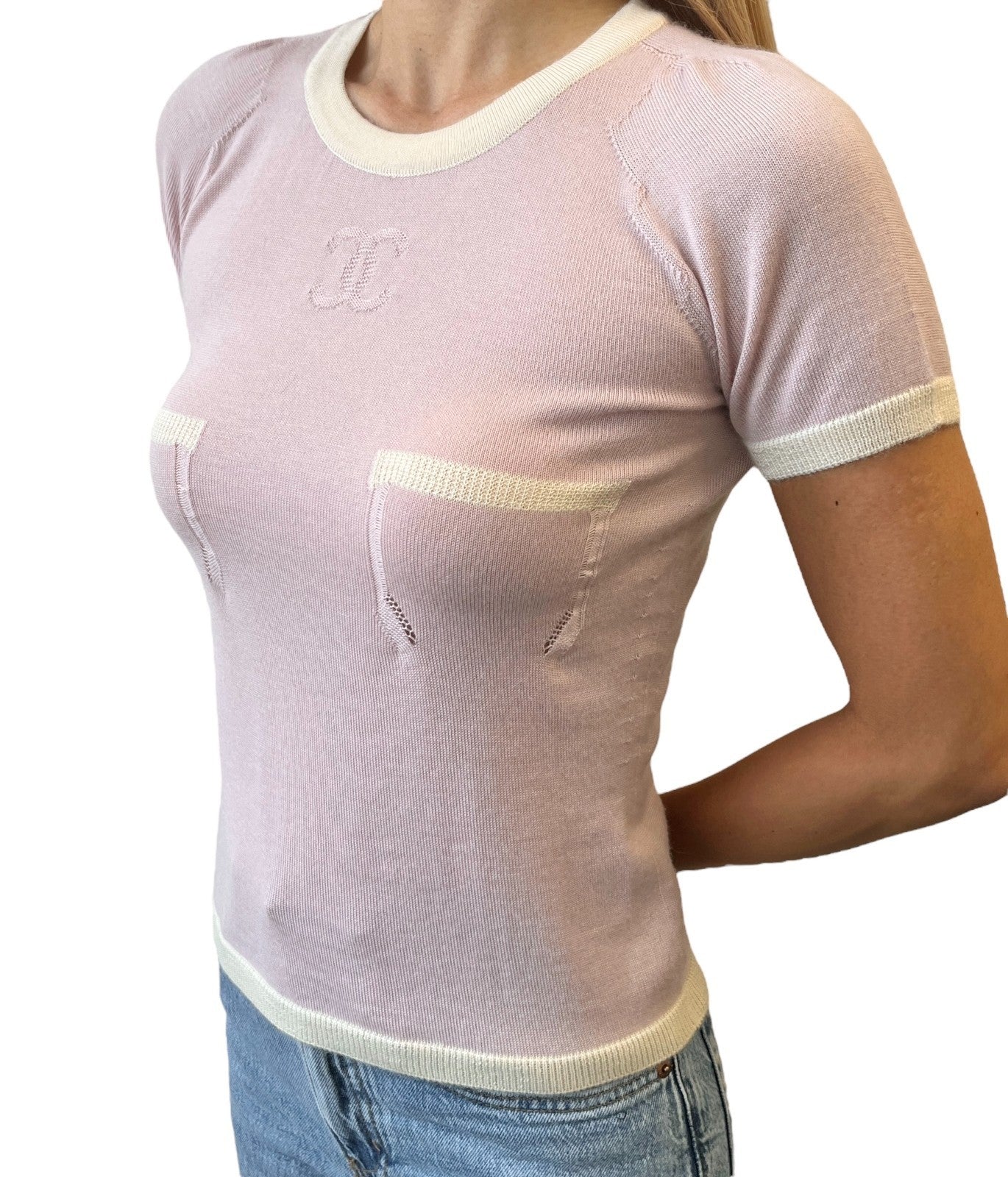 CHANEL Vintage 04C CC Logo Knit T-shirt #38 Short Sleeve Top Pink Cashmere