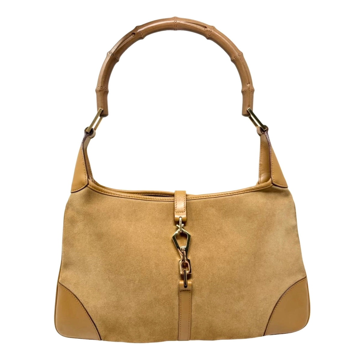 Gucci Vintage Bamboo Handle Hobo Shoulder Bag Beige Gold Suede Leather 902823