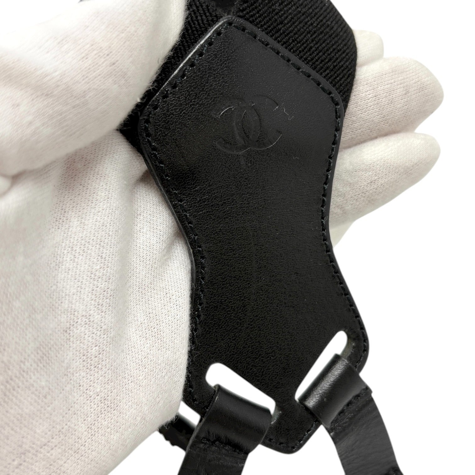 CHANEL Vintage 1994 CC Logo Letter Suspender Belt Black White Cotton Leather