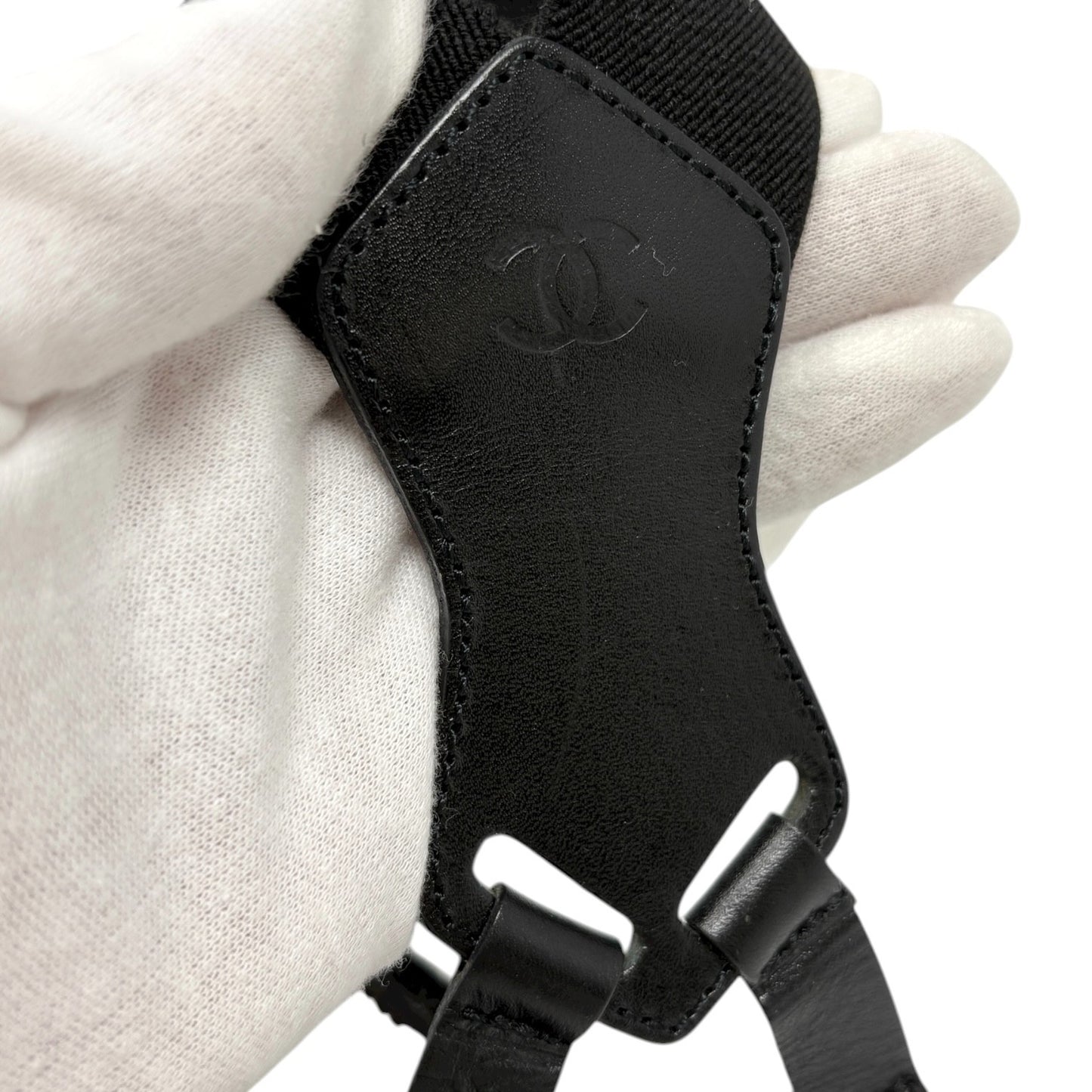 CHANEL Vintage 1994 CC Logo Letter Suspender Belt Black White Cotton Leather