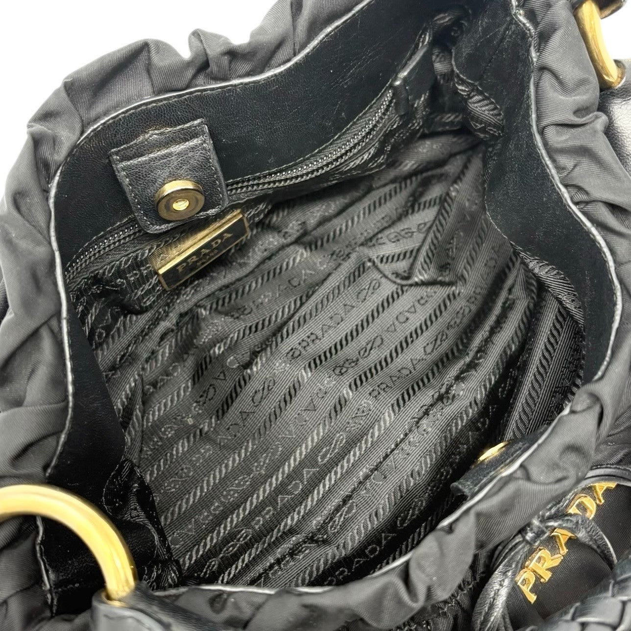 PRADA Vintage Logo Tessuto Nylon Shoulder Bag Black Gold Ribbon Leather