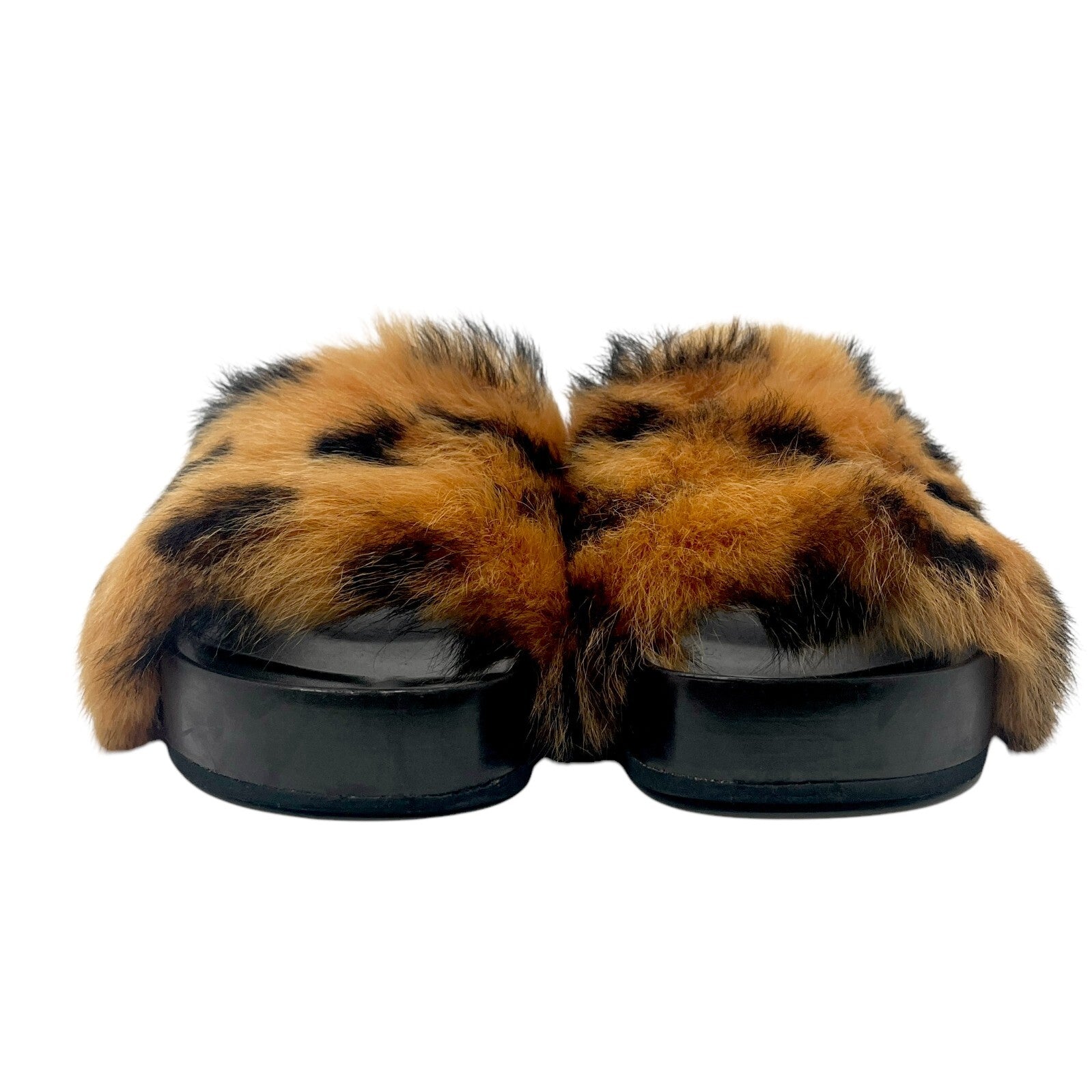 CELINE Vintage Logo Animal Print Faux Fur Sandals #37-37.5 Black Orange