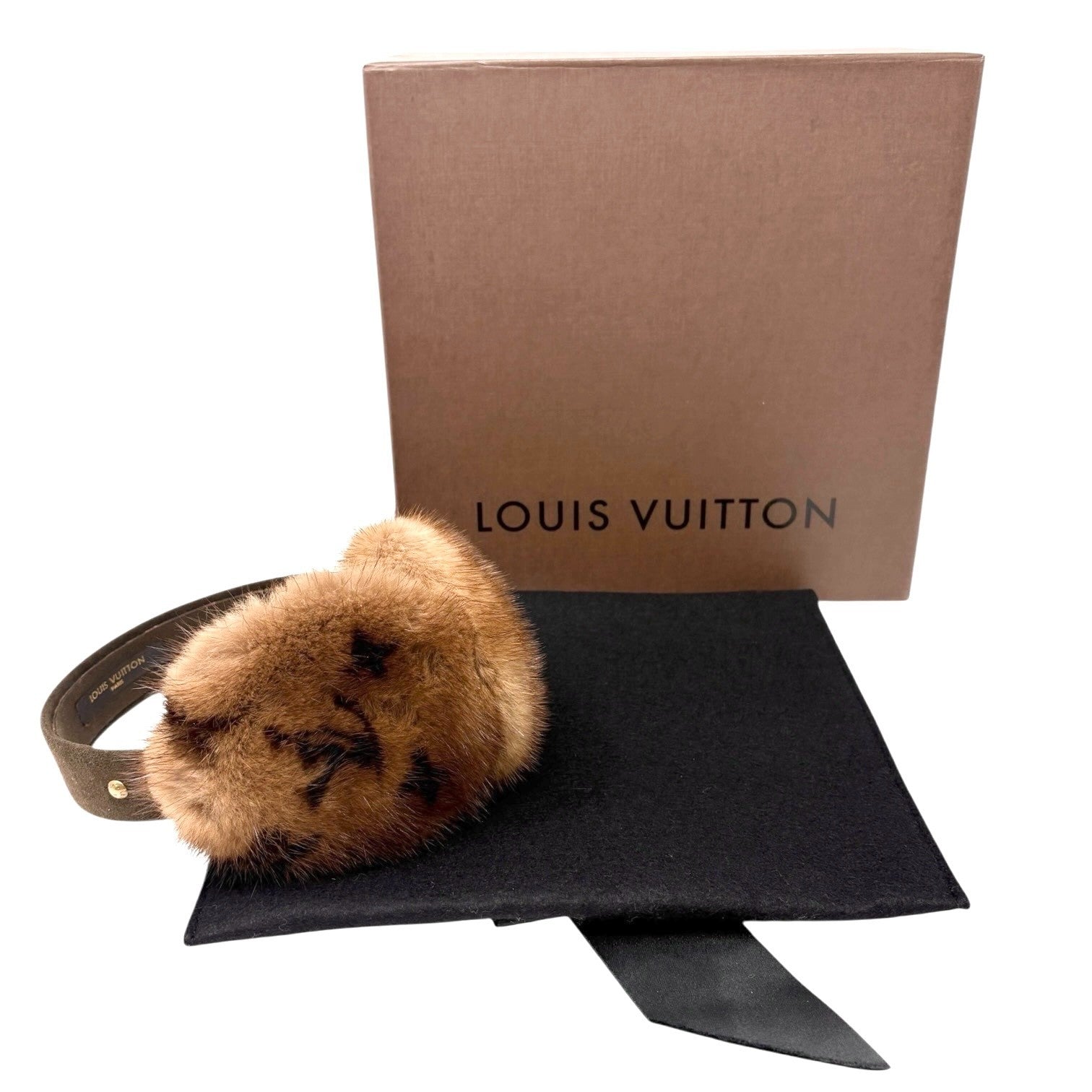 LOUIS VUITTON Vintage LV Monogram Mink Earmuffs Brown Gold Suede Accessory