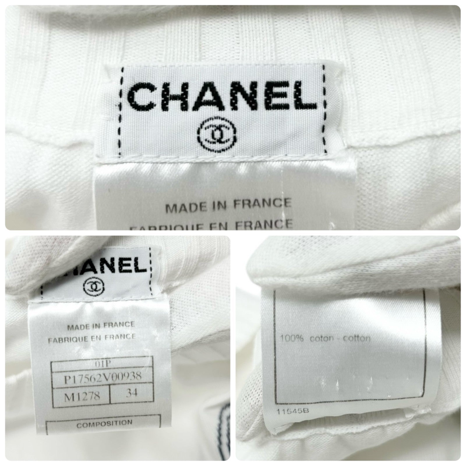 CHANEL Vintage 01P CC Logo T-shirt Top #34 White Blue Cotton Rib short sleeve
